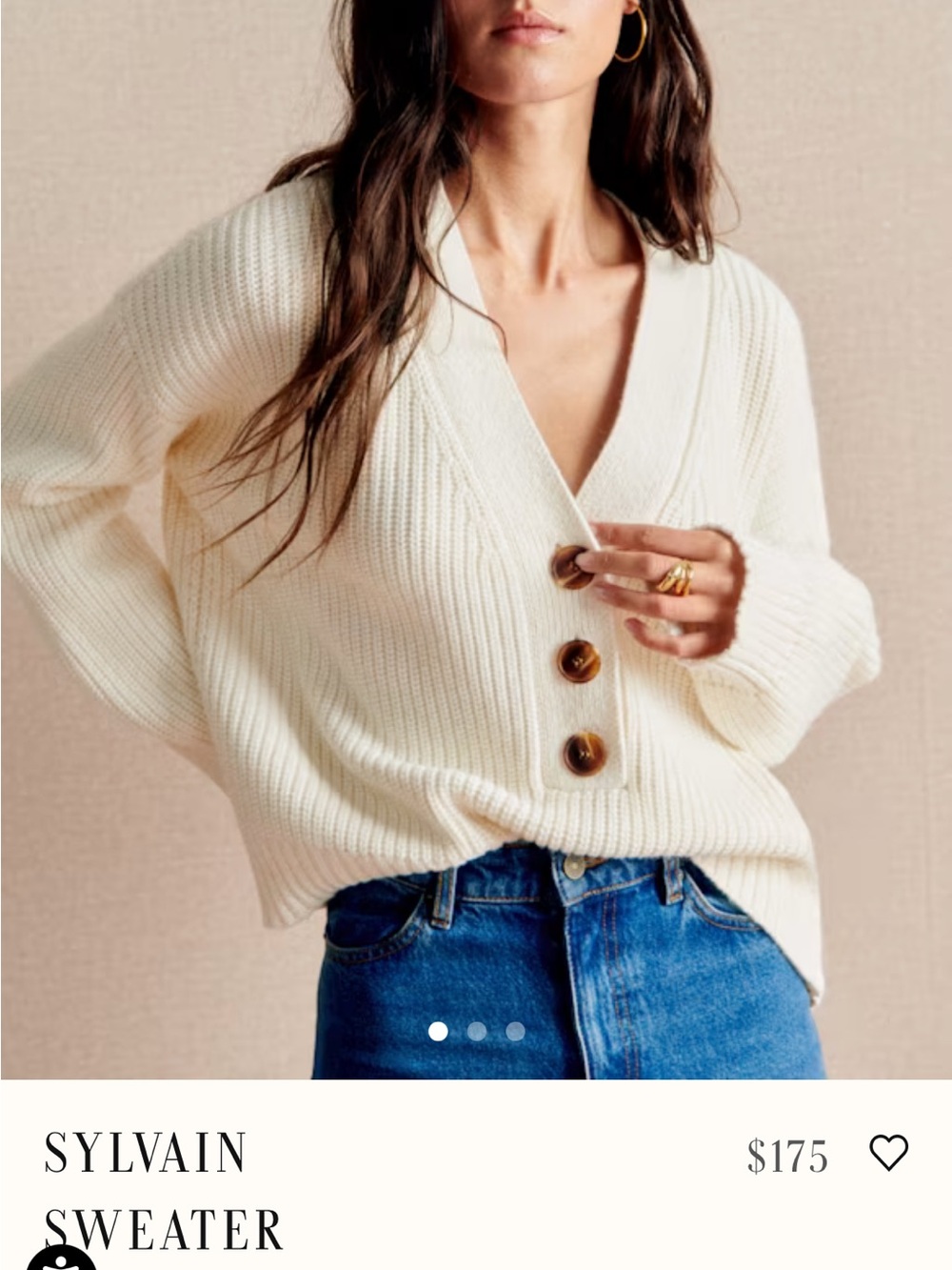 Sezane Cream V-Neck Button Ribbed Sweater